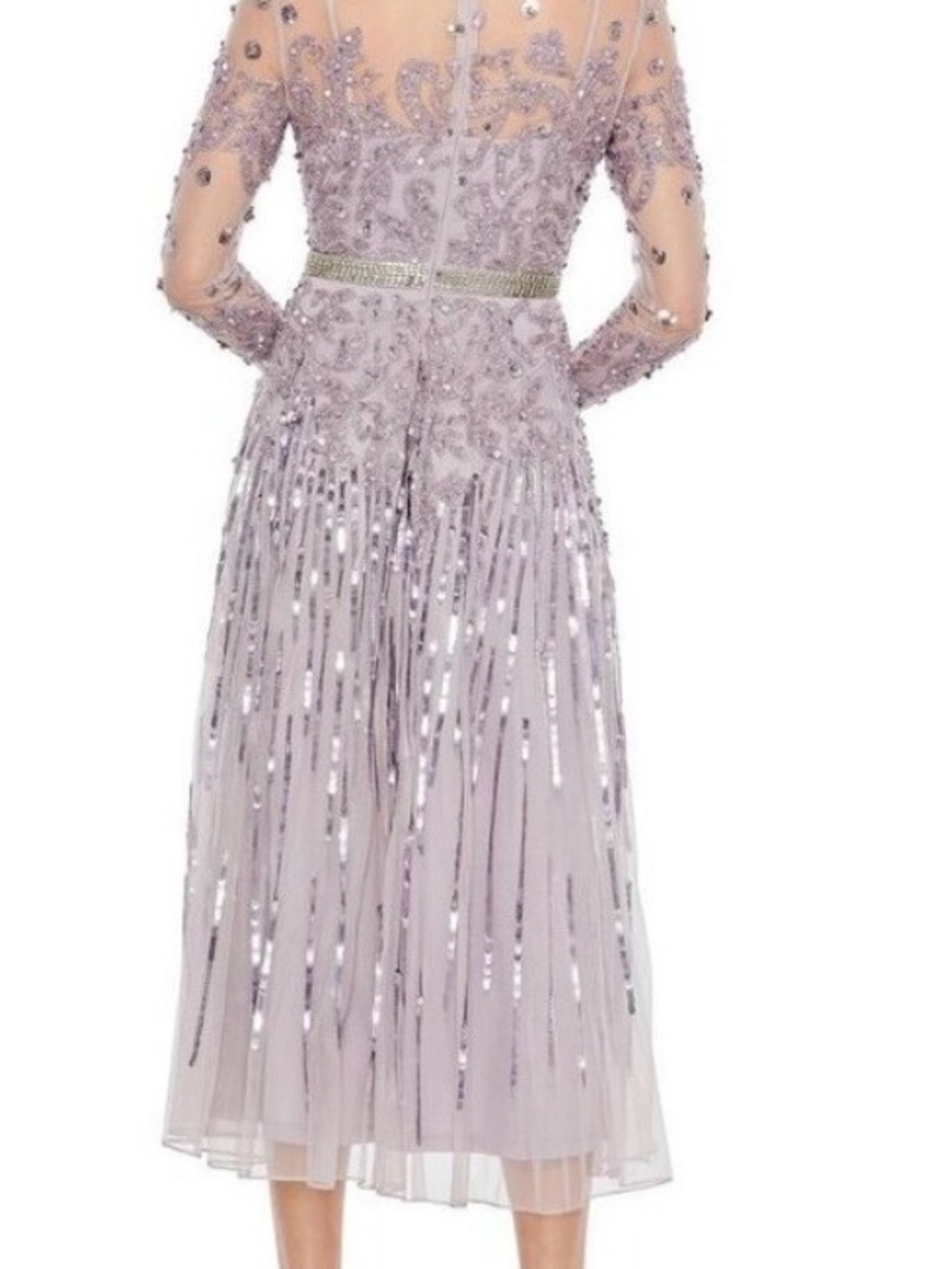 NWT Mac Duggal Illusion High Neck Long-Sleeve Tea Length Dress Lilac #9857 - Picture 4 of 7